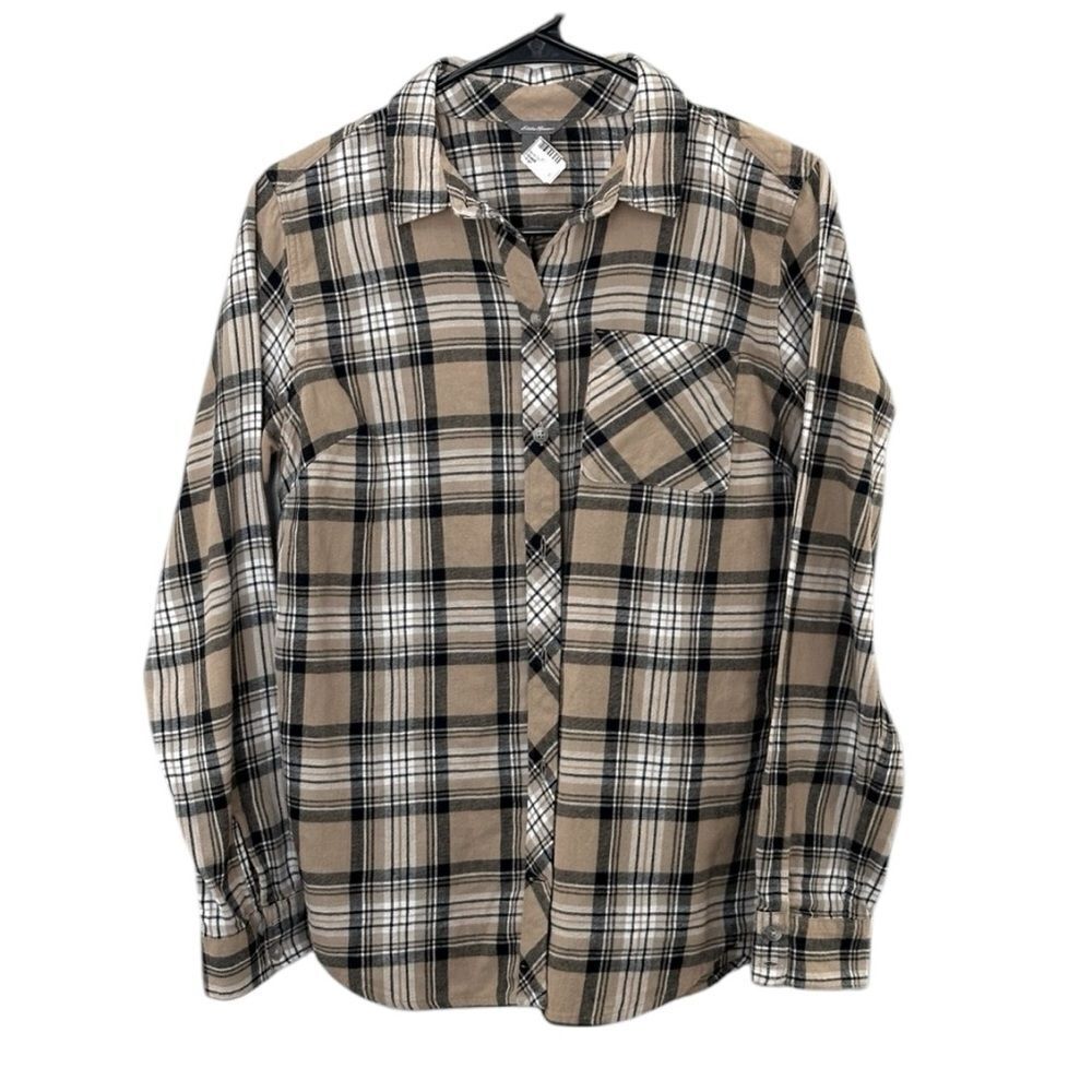 Eddie Bauer Women’s Small Beige 100% Cotton Plaid Long Sleeve Button Up Shirt